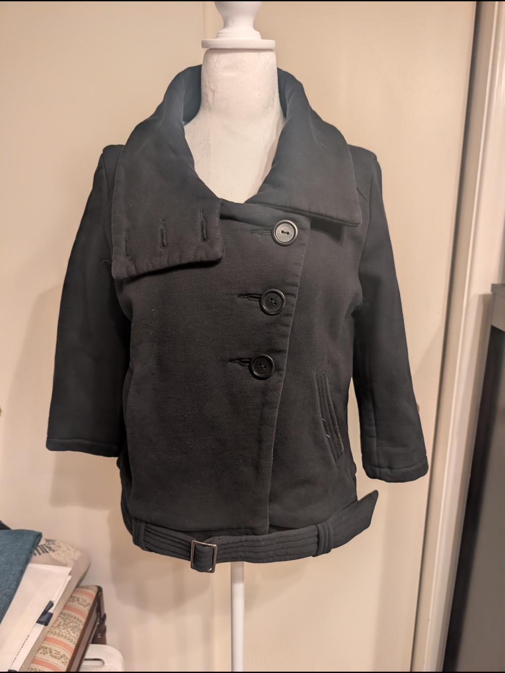 Women's Black Short Peacoat with Funnel Neck And Belted Hem